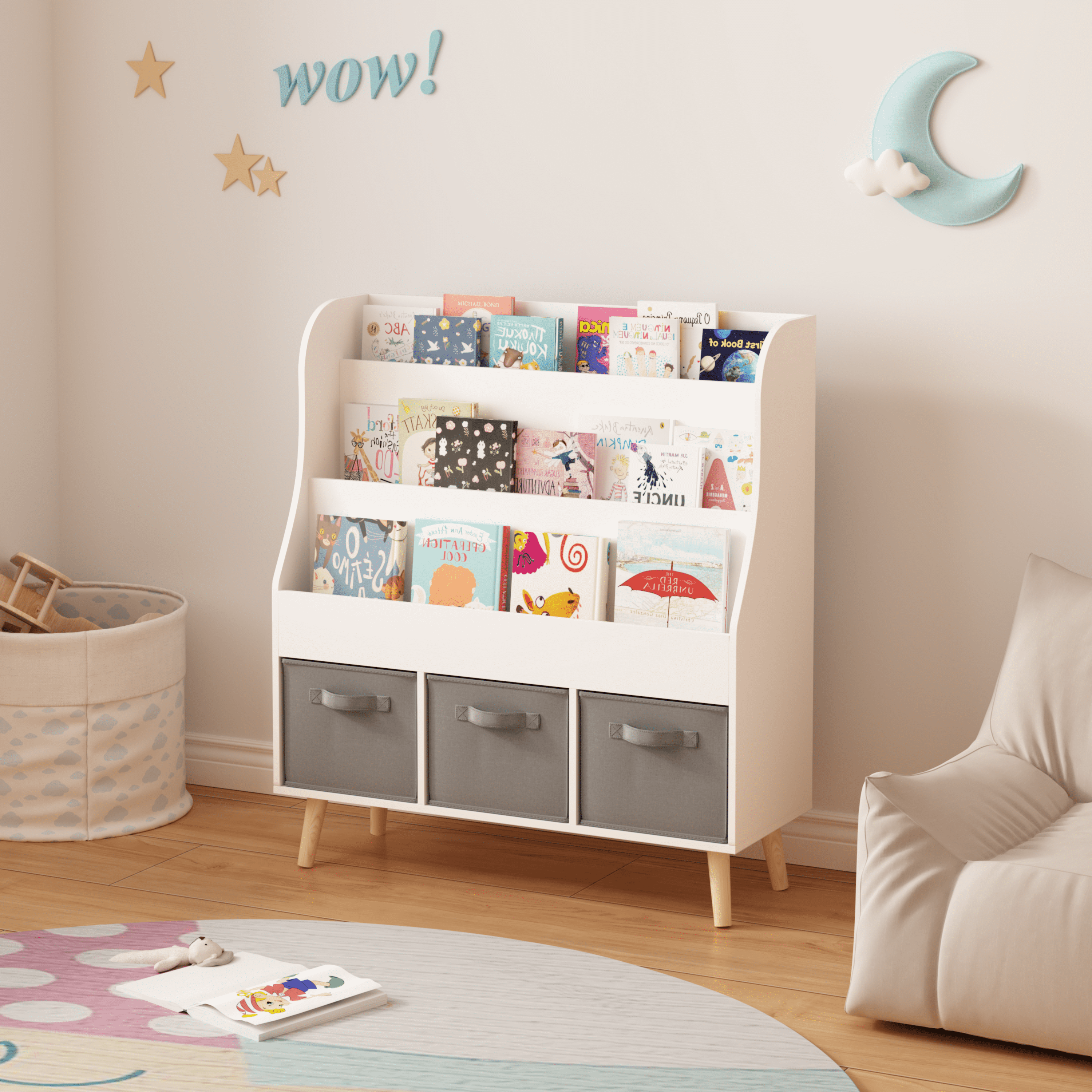 Kids Furniture Kids Bookshelf with 3 Fabric Storage Bins, White Wooden Book Display Organizer for Toddlers and Children, Front-Facing Book Rack with Pine Legs for Playroom, Nursery, or Bedroom,Baby F