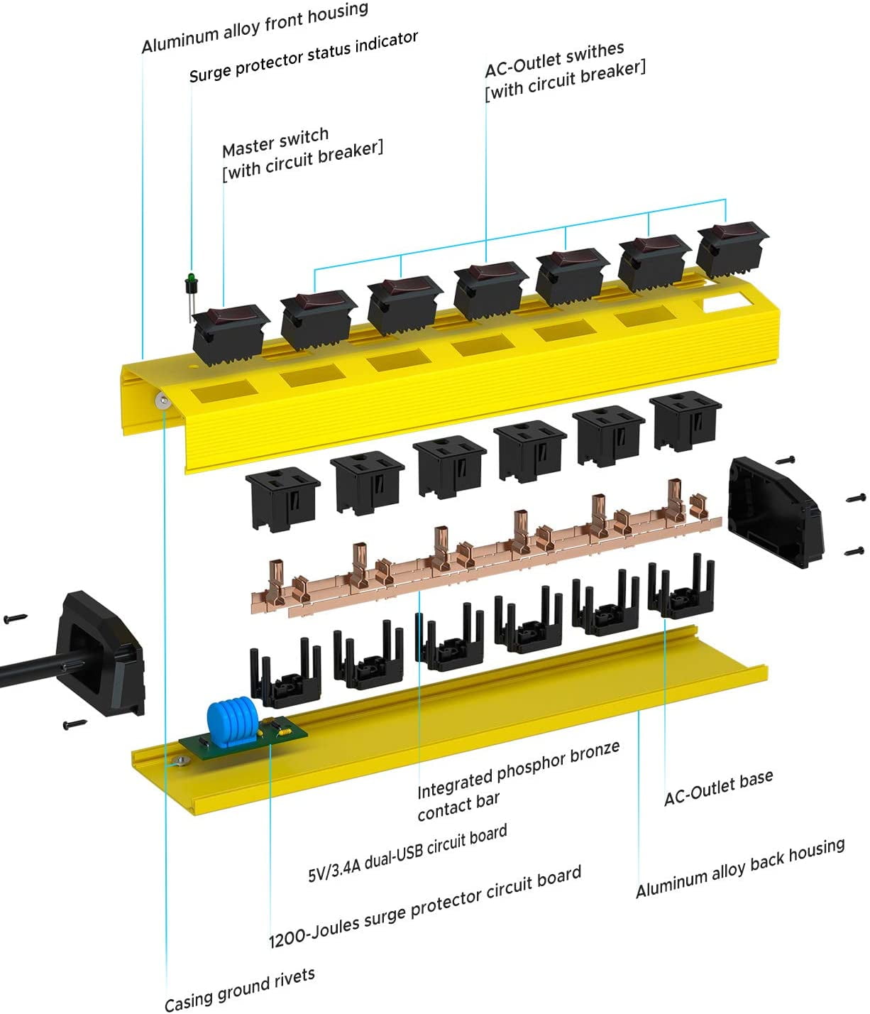 CRST Heavy Duty Metal Power Strip Surge Protector Individual Switches 6-Outlet with 45° Flat Plug 6 Feet 14AWG SJT Extension Cord, 1875W