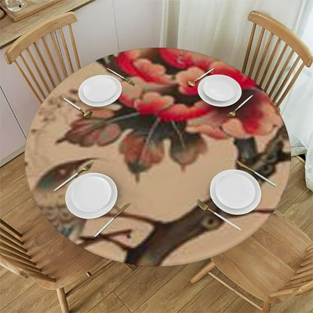 

Lively Flowers Round Fitted Tablecloth with Elastic Edge Mystical Flowers Round Table Cover Home Decorative Tablecloth for Dining Table Dinner Party Family Gathering