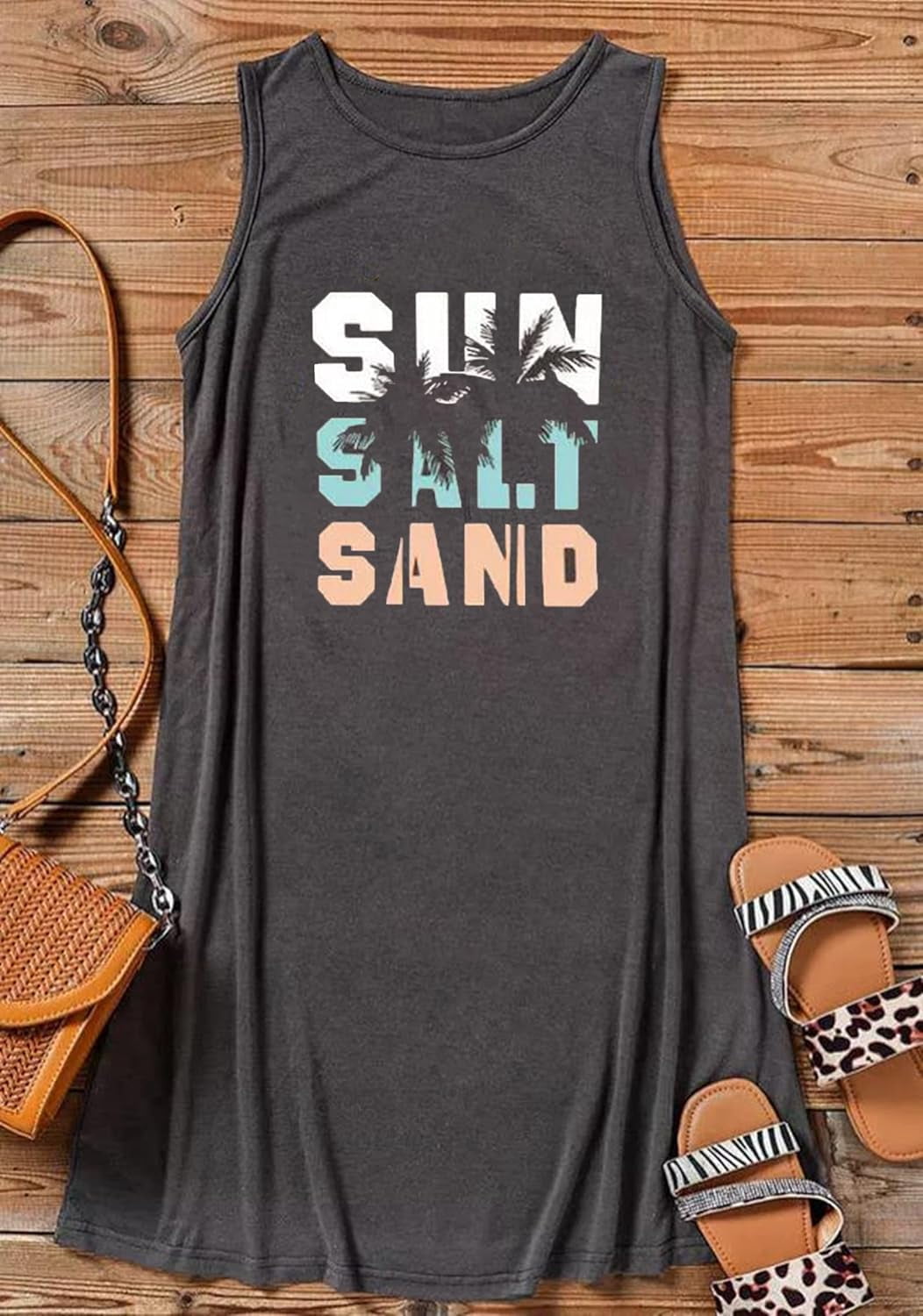 Sun Salt Sand Coconut Tree Sleeveless Mini Dress Casual Sleeveless Summer Beach Vacation Women Workout Mini Dress