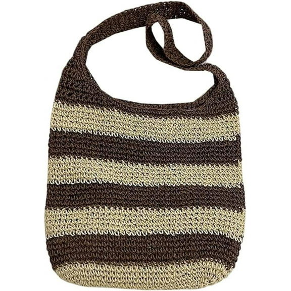 Kukuzhu Summer Hand-Woven Beach Straw Bag Women Fashion Large Stripe Travel Holiday Shoulder Bag Tote Bag