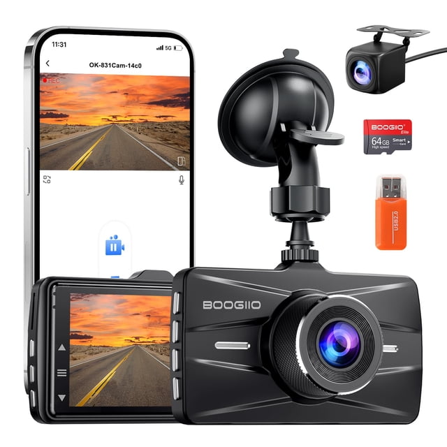 Cámara para Auto BOOGIIO 4K Delantera y Trasera con Tarjeta SD de 64GB, WiFi 5G