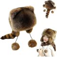 thumbnail image 1 of Winter Cute Raccoon Plush Hats, Windproof Hooded, Furry with Tail,for Woman(1pcs,m), 1 of 7