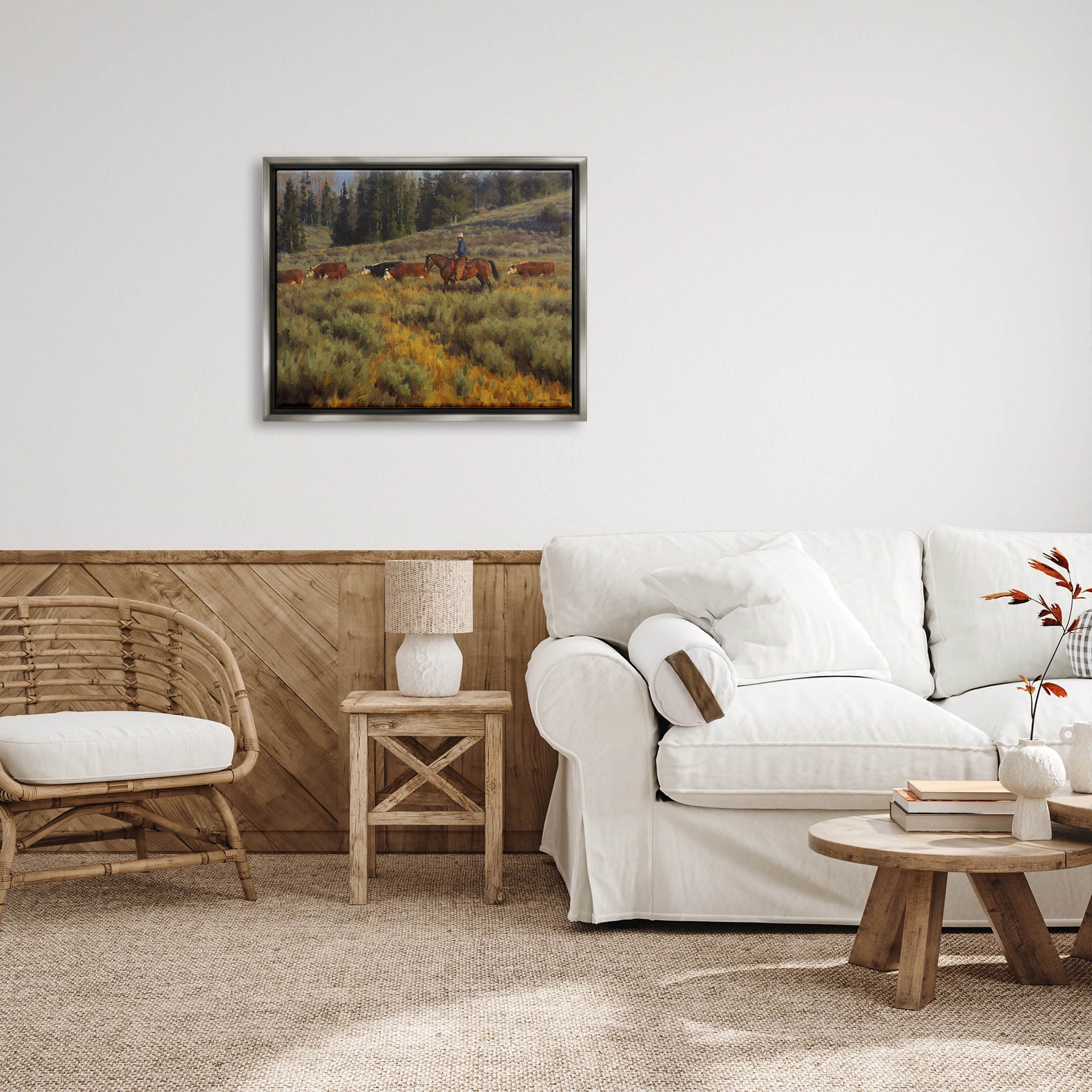 Cowboy Leading Cattle Meadow Animals & Insects Painting Luster Gray Framed Art Print Wall Art
