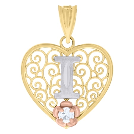 10k Tri-Color Gold Cubic Zirconia Women Initial "I" Alphabet Pendant 1.4g Charm