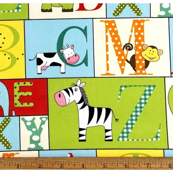 1 Fat Quarter - ABCs & Baby Animals Block Cotton Fabric - 21" X 18"