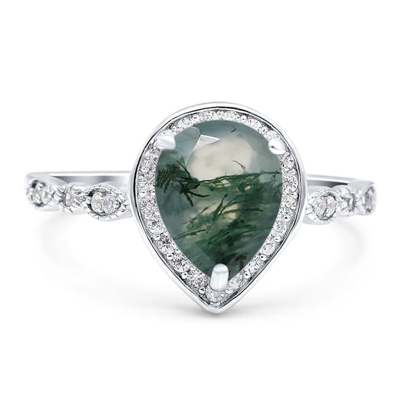 Natural Green Moss Agate Size-5 Pear Teardrop Vintage Rings Marquise Style Halo CZ Wedding Engagement Ring For Women 925 Sterling Silver Gifts For Her