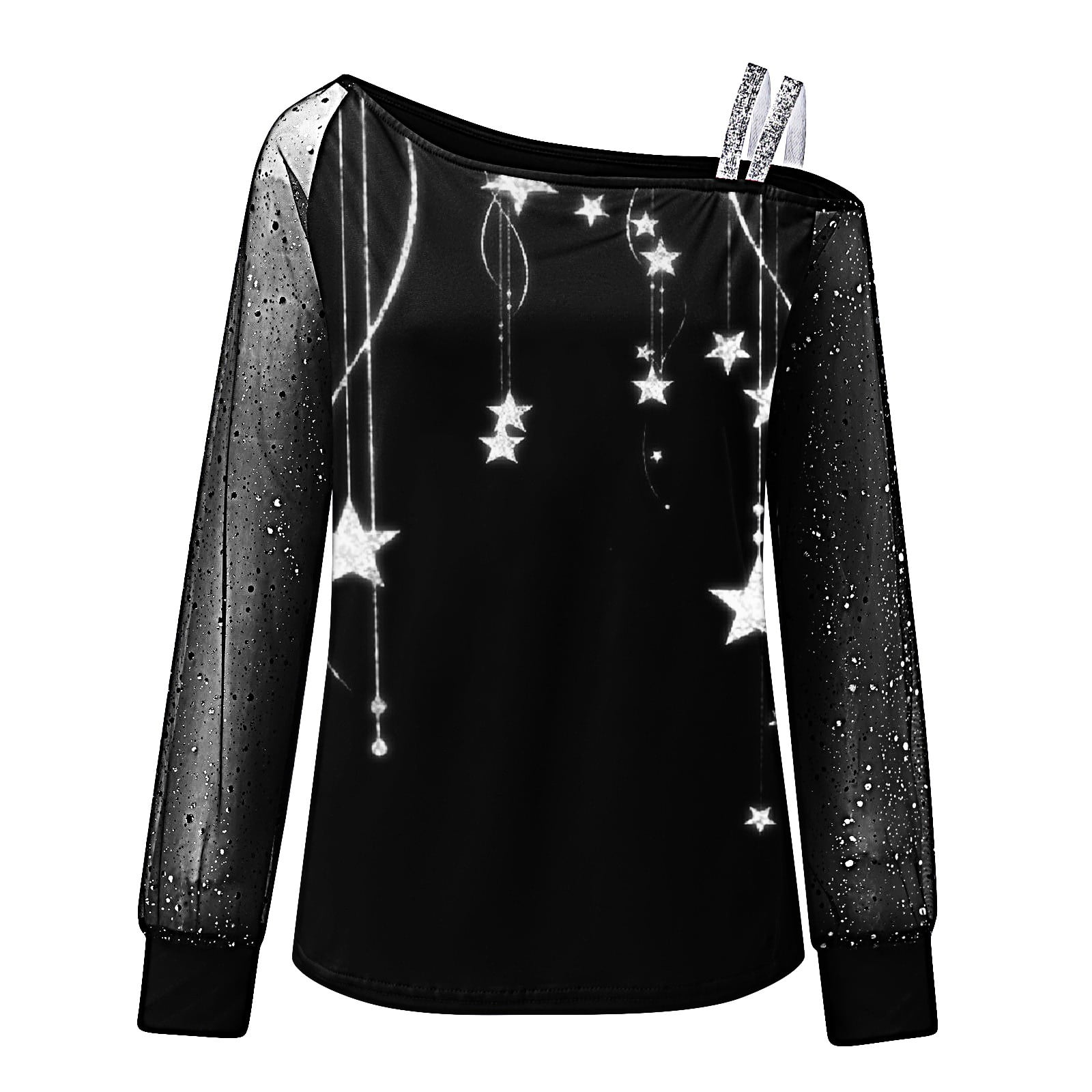 For Women T-Shirt,Silver Scoop Tops New Years Zipper Sleeve Eve Neck Mesh Cold Shoulder Gubotare Long Blouse Shirt Srtipe M Pullover Womens Casual