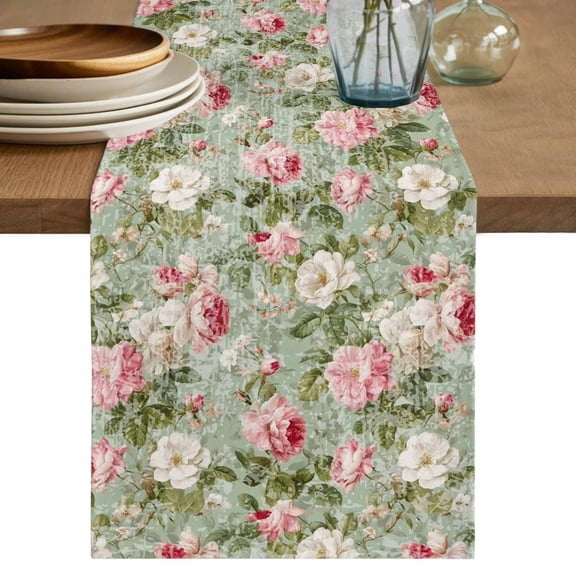 White Pink Flower Table Runner, Shabby Chic Spring Vintage Leaf Green Washable Cotton Linen Table Runners 48 Inches Long, Dresser Scarf Runner for Nightstand/Coffee/End Tables 13''x48''