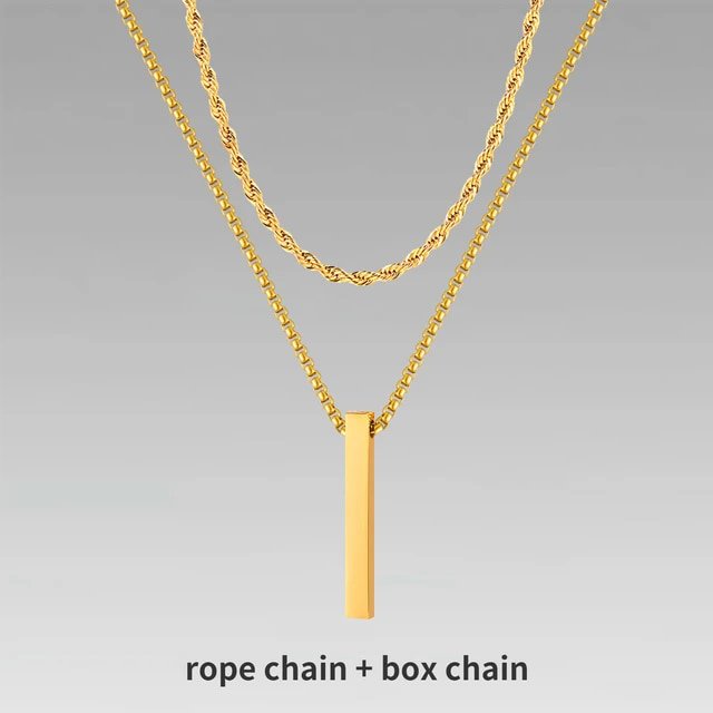 . 3D Vertical Bar Necklaces for Men Layering Stainless Steel Geometric Pendant Layered Wheat Rope Cuban Chain Boy Collar