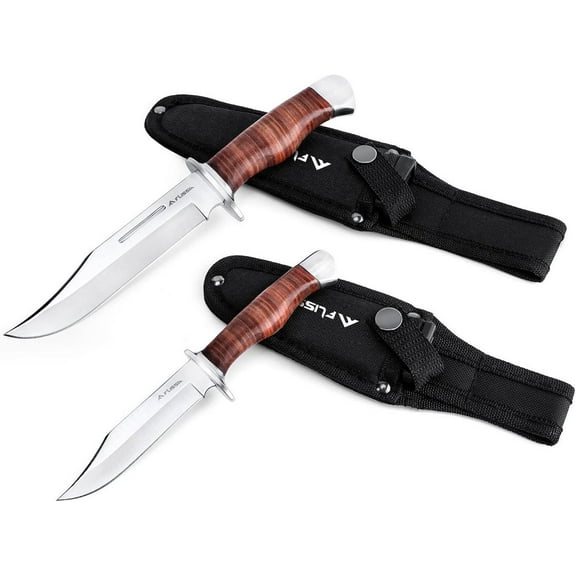 FLISSA 2-piece Bowie Knife with Sheath, Fixed Blade Hunting Knife with Leather Handle for Outdoor, Camping, Survival, Hiking