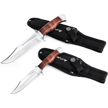 FLISSA 2-piece Bowie Knife with Sheath Fixed Blade Hunting Knife with Leather Handle for Outdoor Camping Survival Hiking