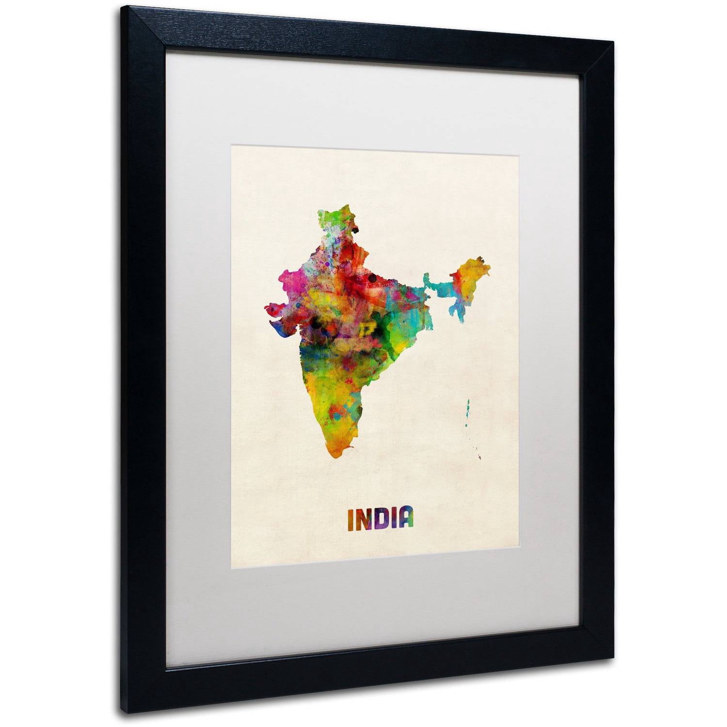 Trademark Fine Art 'India Watercolor Map' Canvas Art by Michael Tompsett, White Matte, Black Frame
