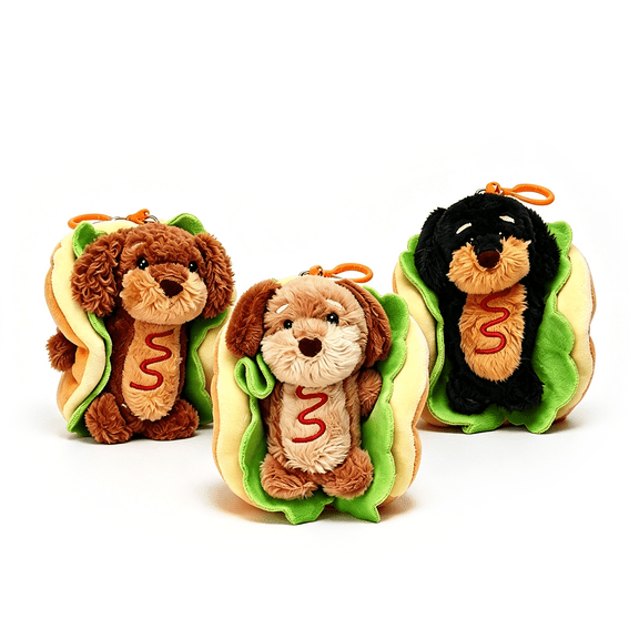 Cute Hot Dog Dachshund Plush Keychain, Soft Stuffed Animal Bag Charm for Backpack Purse Kids Gift