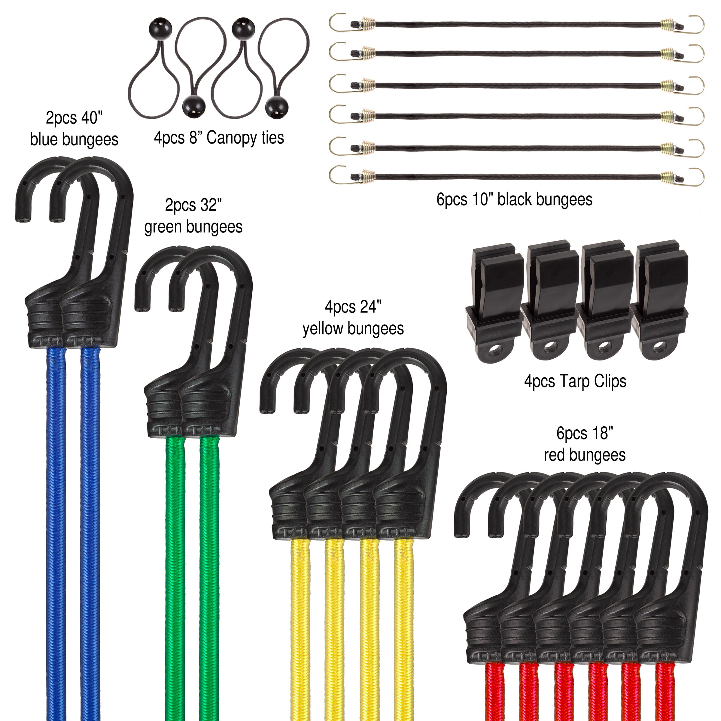 POLARBEAR 28Pcs Bungee Cords with Hooks Assorted Sizes - 10 18 24 31  40 Plastic Coated Steel Cords - with 4 Tarp Clips/4 Ball Cords/Storage Bag  - Use for Transport, Moving, Fixed