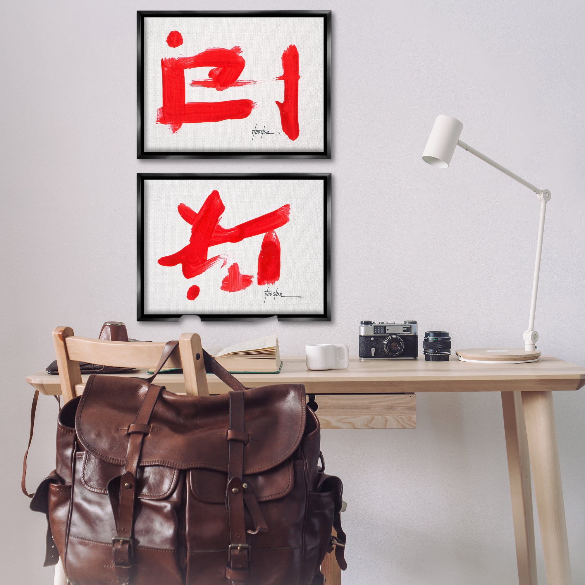 Stupell Industries Red Symbolic Characters Abstract Painting Black Floater Framed Canvas Art Print Wall Art, 31 x 21, Set of 2