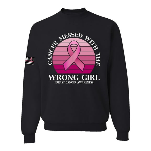 Wild Bobby Cancer Messed With the Wrong Girl US Flag Breast Cancer Awareness Unisex Crewneck Sweatshirt, Black, Small