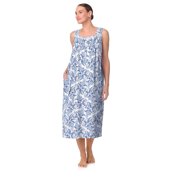 Aria Women's Sleeveless Long 100% Cotton Nightgown in 46", Sizes XS to 5X