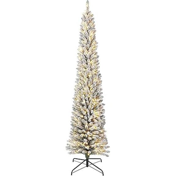 GAOMON 6ft Green Snow Flocked Pencil Christmas Tree, Slim Winter Artificial Holiday Tree, Foldable Metal Stand, Indoor Outdoor Décor for Home, Office, Living Room