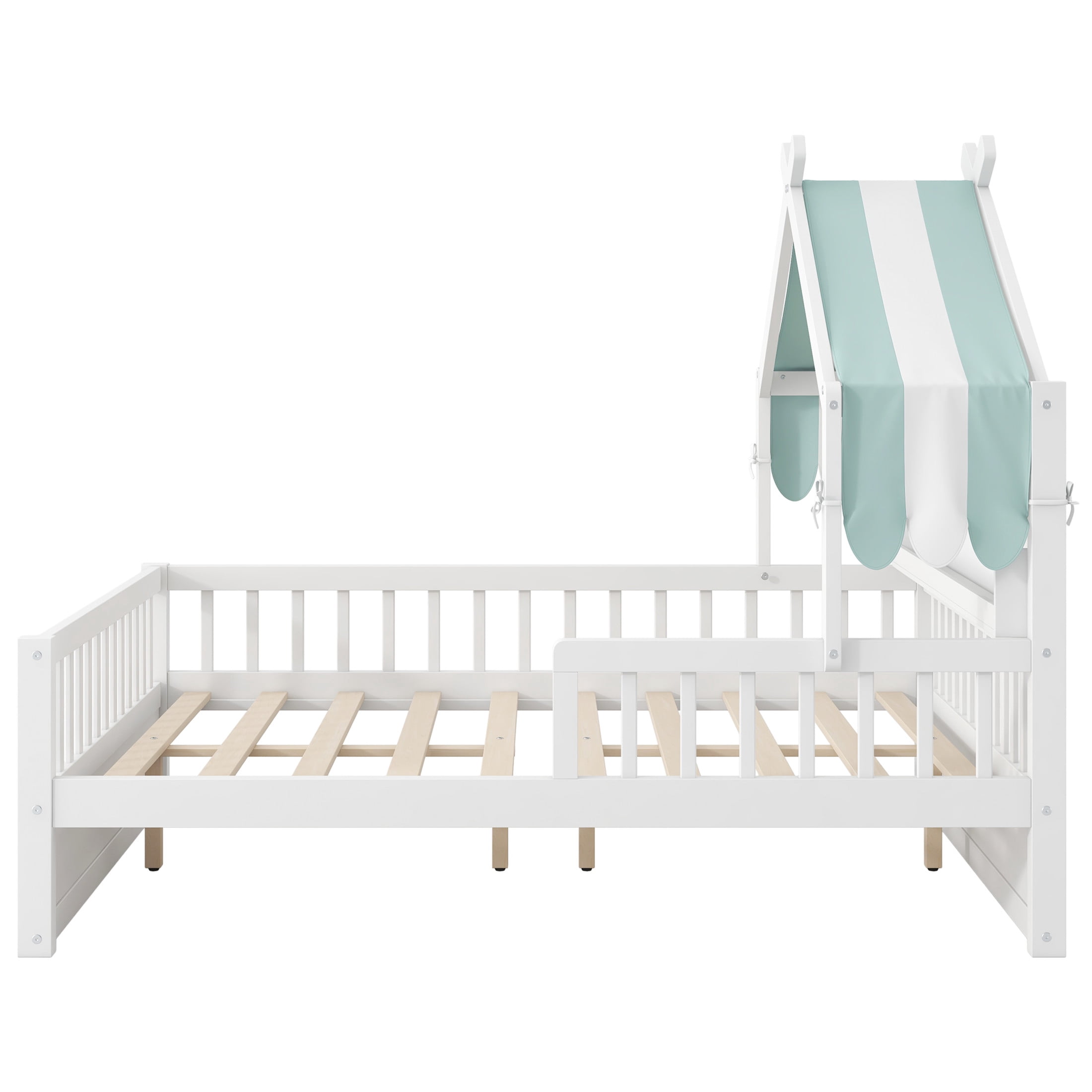 Noble House Full Size Wooden House Bed with Storage Headboard Shelf and Fabric Canopy, Playful Kid Rooms, White
