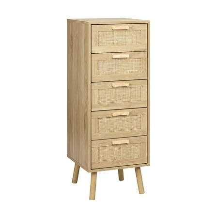 Finnhomy Rattan Tall Dresser with 5 Drawers, Natural