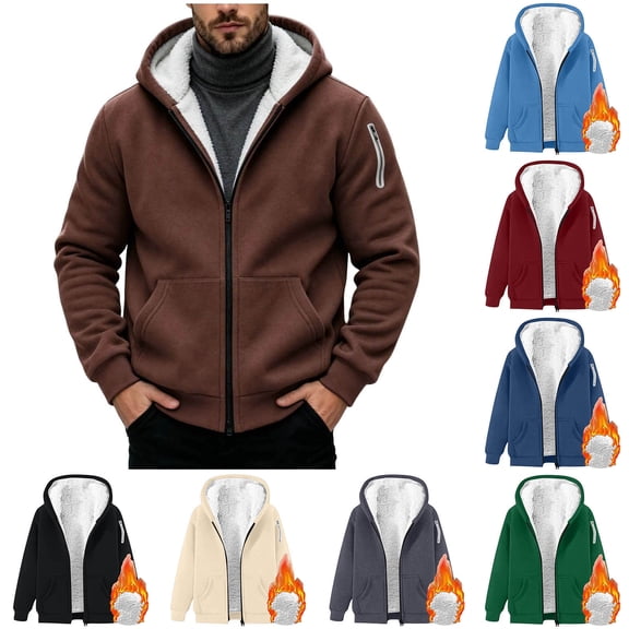 Men's Full Zip Sherpa Hoodie Jacket with Pockets, Thick Fleece Lined Long Sleeve Hooded Winter Outerwear Coat, Brown 2XL