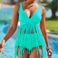 thumbnail image 3 of Traje de baño con flecos Cuello en V Tallas grandes Correas espaguetis Diseño de borla Traje de baño de dos piezas para nadar Playa Piscina Azul S, 3 of 6
