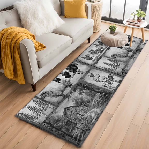 Black White Animals 2'x6' Runner Rugs for Hallway Kitchen Bedside Non Slip Washable, Cow Rooster Trees Vintage Art Entryway Rug Runners with Rubber Backing, Long Carpet Runner for Laundry Room
