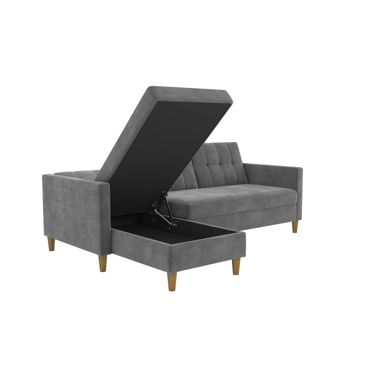 DHP Hartford Storage Reversible Sectional Futon with Chaise Space Saving Opens to Bed Wooden Legs Grey Chenille