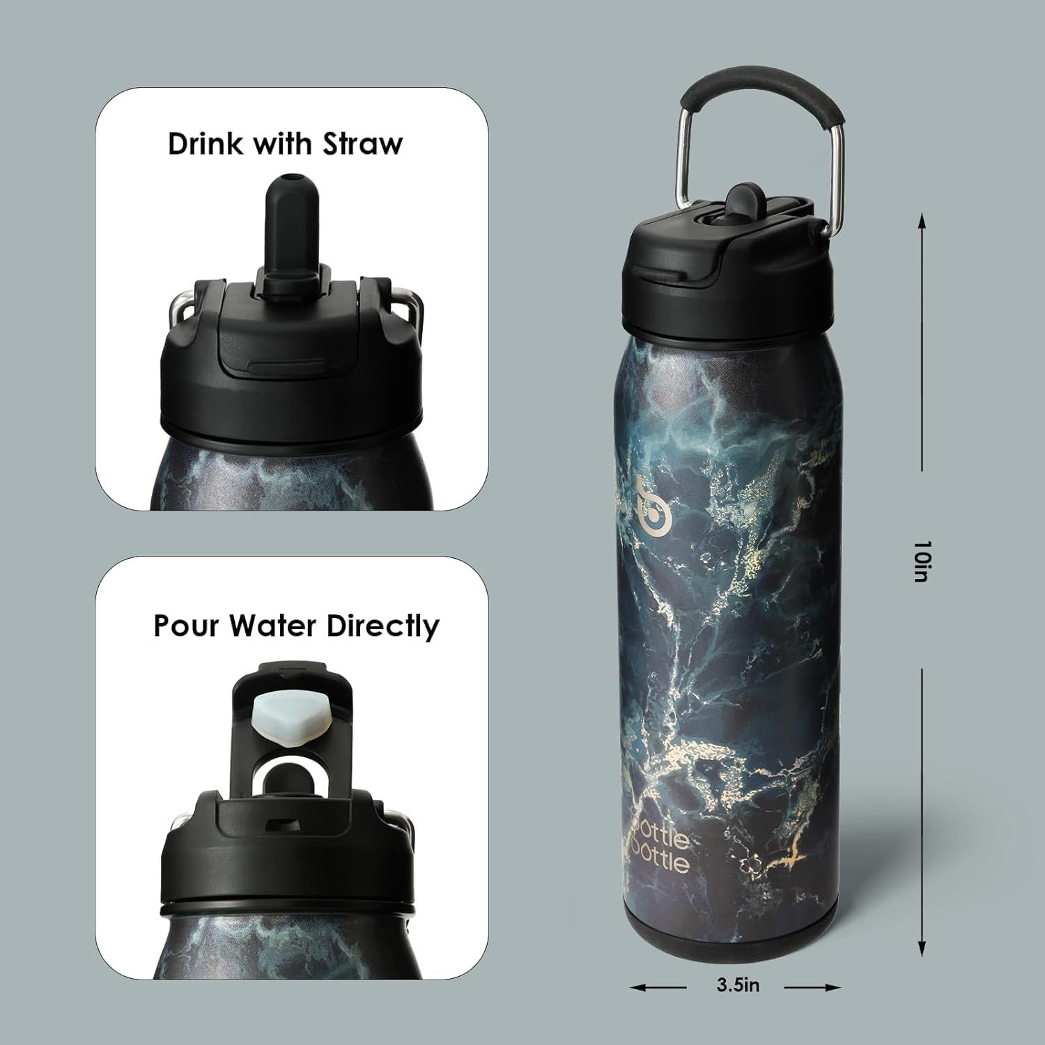 BOTTLE BOTTLE 24 oz sports water bottle stainless steel insulated water bottle with straw and pills holder black stone