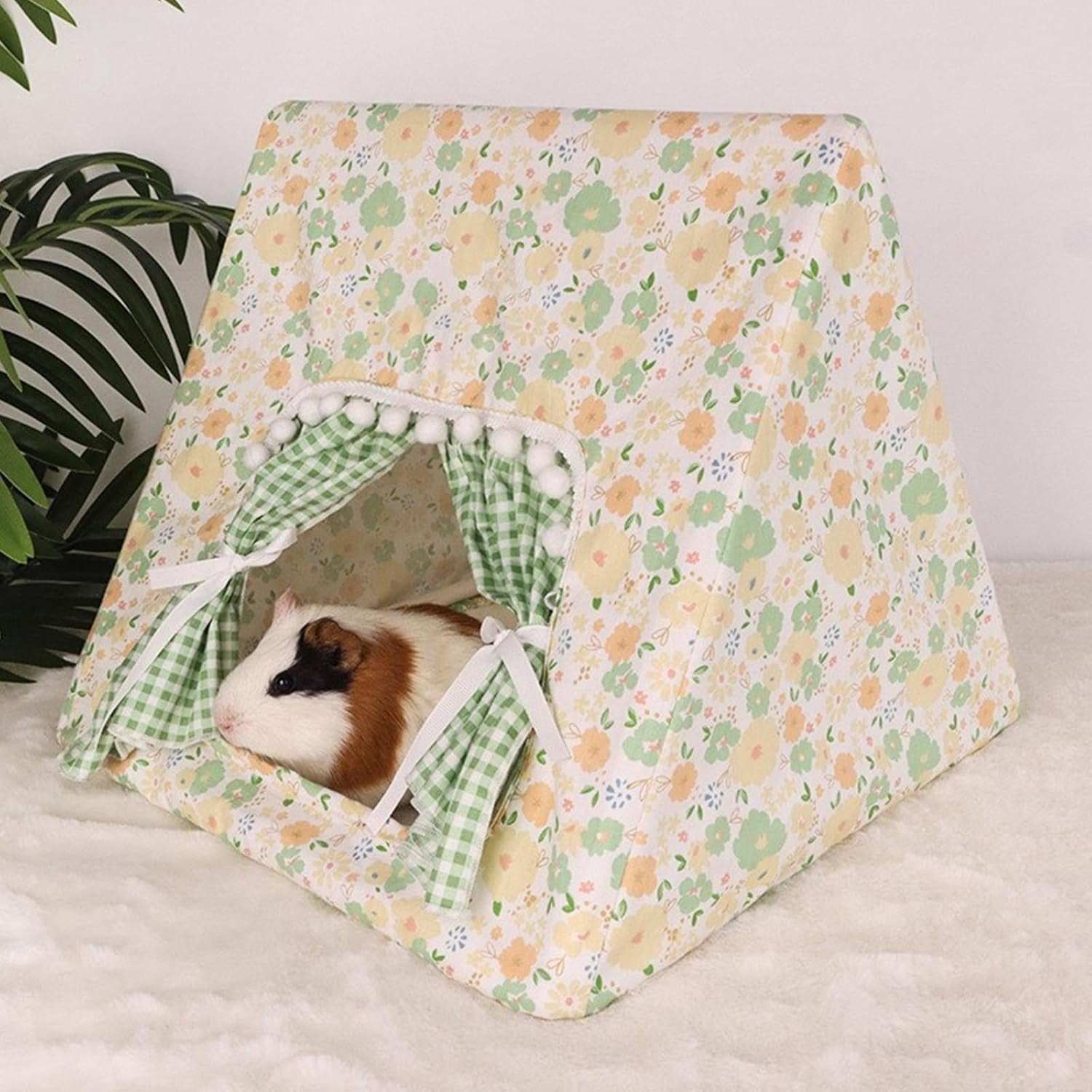 Guinea Pig Hideout Large with Curtain, Bunny Hideout, Machine Washable Guinea Pig Hide Tent Houses & Habitats, Small Animal Hideout for Pet Rabbit, Ferret,Squirrel (Flower, L)