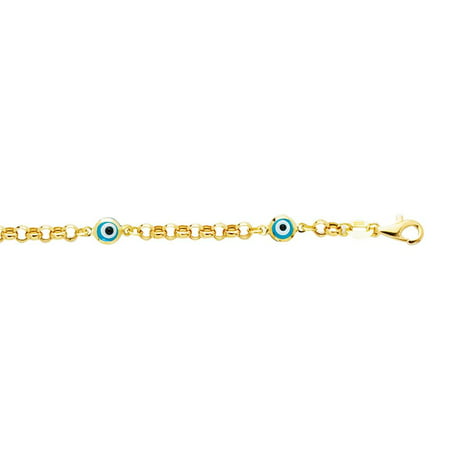 14k Yellow Gold 5.5 Inch 2.0mm Cable Link Chain Baby Evil Eye Children Bracelet Pear Shape Clasp