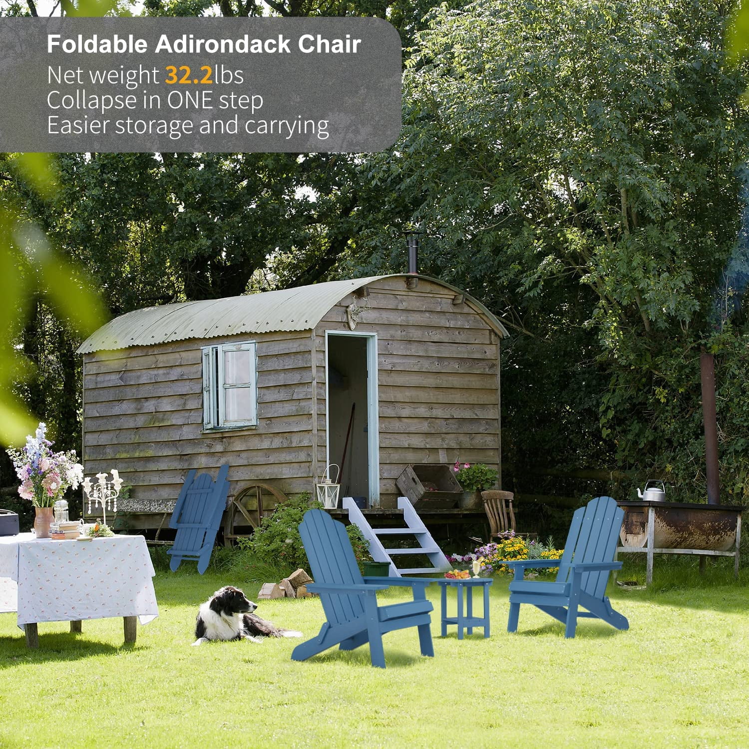 WINSOON Folding Adirondack Chair and Table Set 3 PCS Garden Patio Outdoor Chairs, Navy Blue