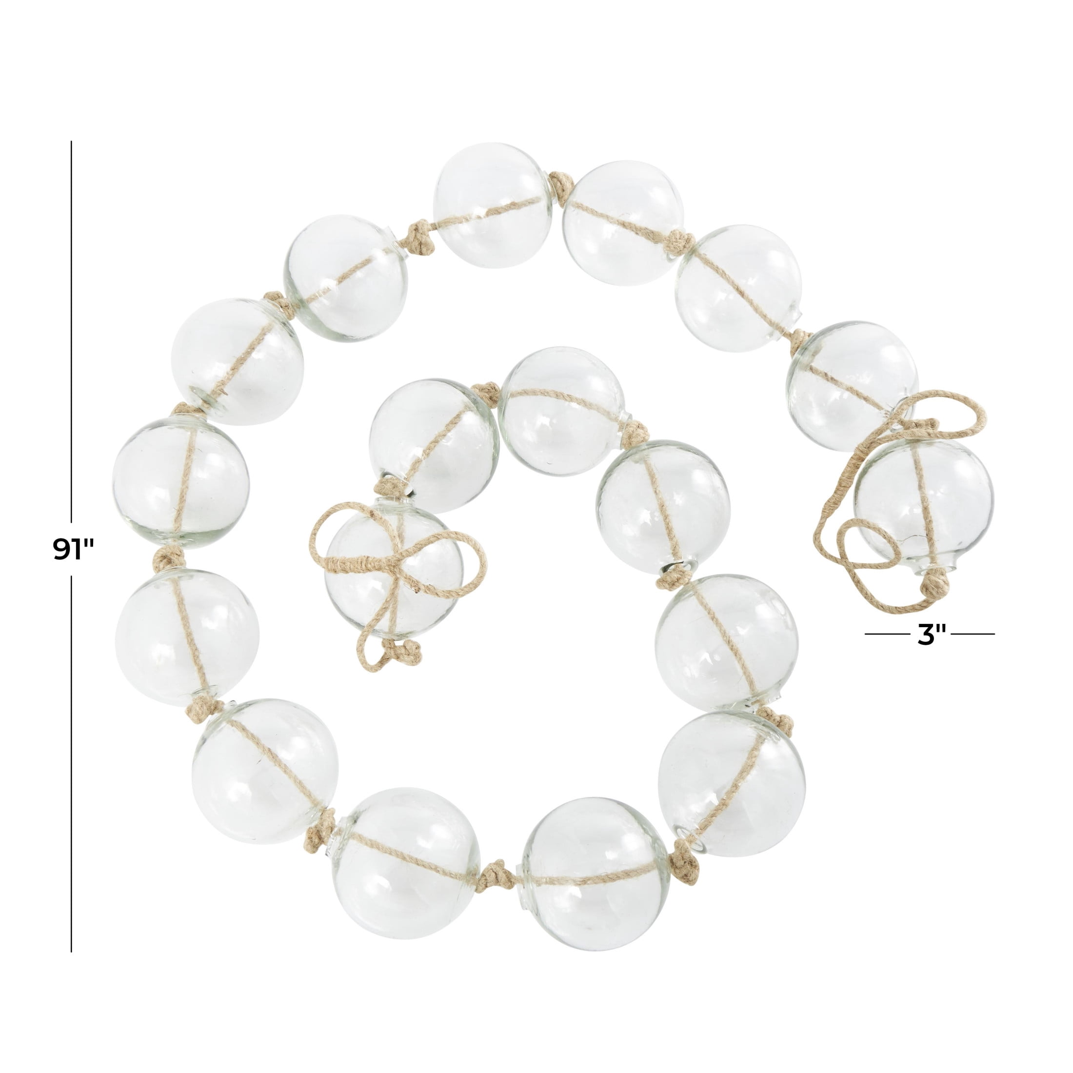 DecMode Handmade Round Extra Long Frosted Orb Clear Glass Garland with Tassel with Knotted Jute Rope