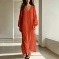 thumbnail image 2 of Women's Linen Blend Long Sleeve Maxi Dress with Side Slit Solid Color Loose Fit Beach Dress for Fall & Spring, 2 of 7