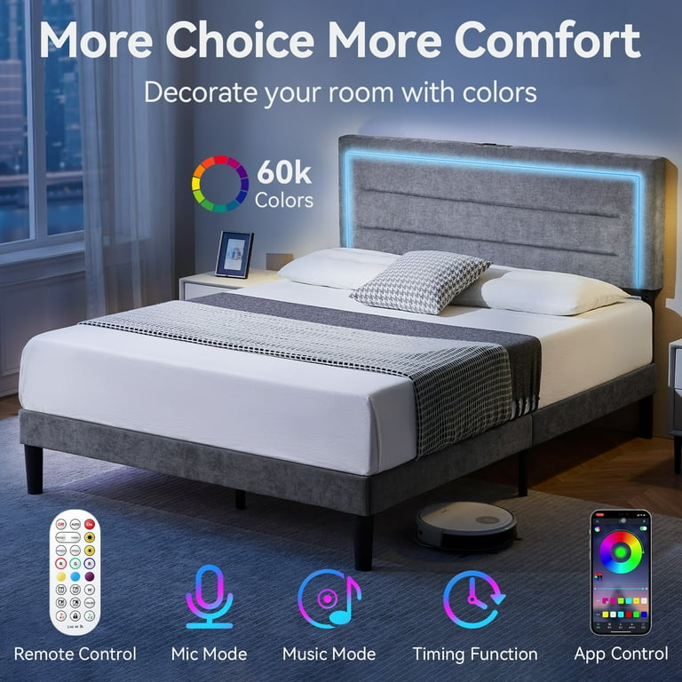 Sailvan Upholstered Queen Bed Frame with LED Lights and USB Charging Station,Grey Bed Frame Queen Size with Headboard,No Box Spring Needed,Modern Sturdy Bed,Noise Free