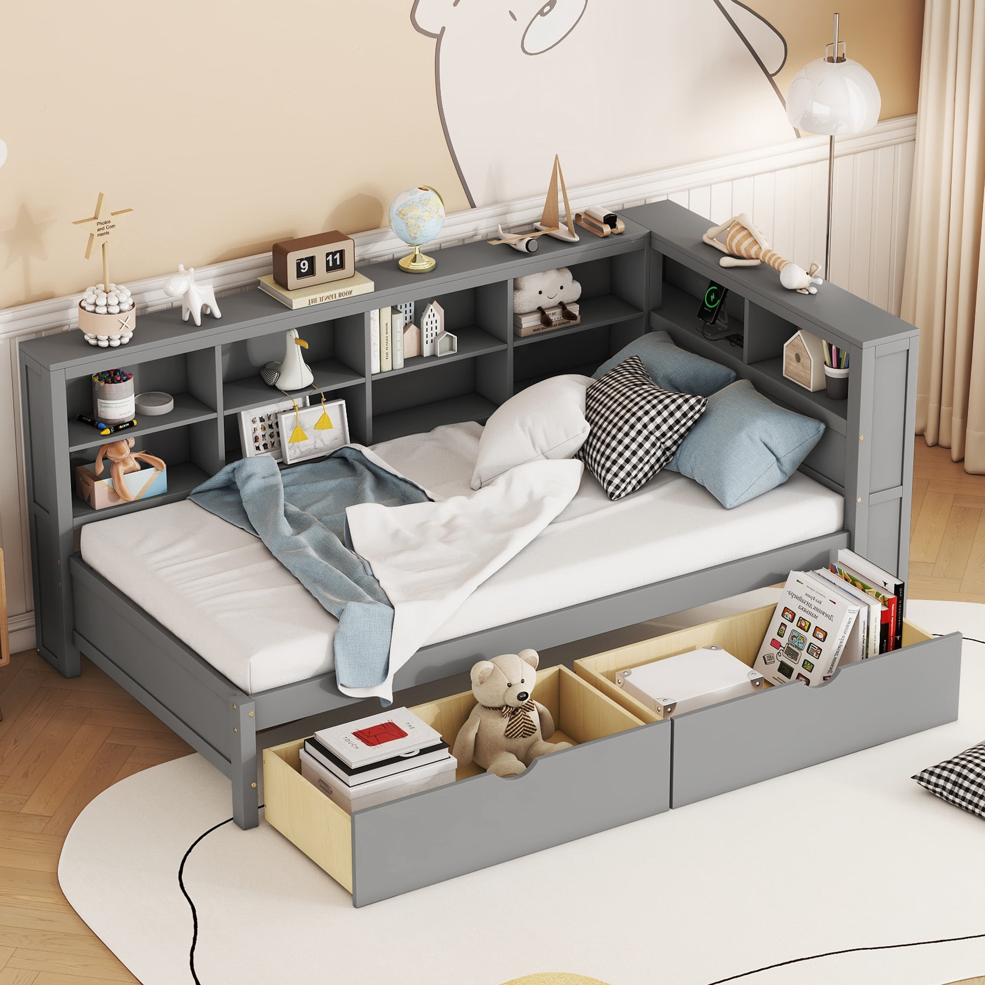 Mintazer Twin Daybed with Storage Headboard & Charging Station, 2 Drawers & Shelves for Kids Bedroom, Grey