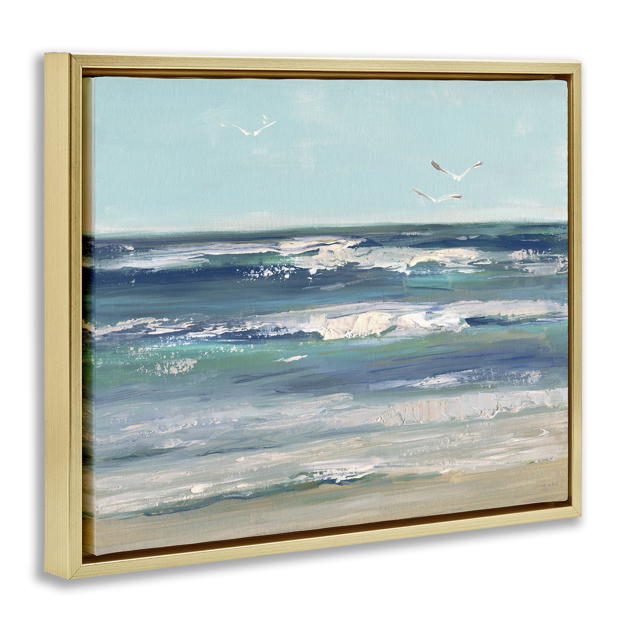 Stupell Industries Seagulls over Rolling Waves Gold Framed Floater Canvas Wall Art, design by Sally Swatland