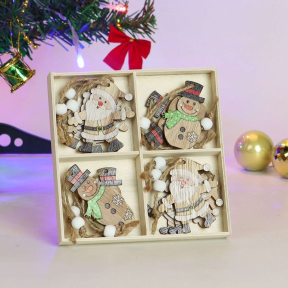 Spencer Christmas Decorations Set of 12PC Wooden Christmas Ornaments Painted Santa Claus Snowman Car Hanging Ornaments for Xmas Tree Holiday Decor