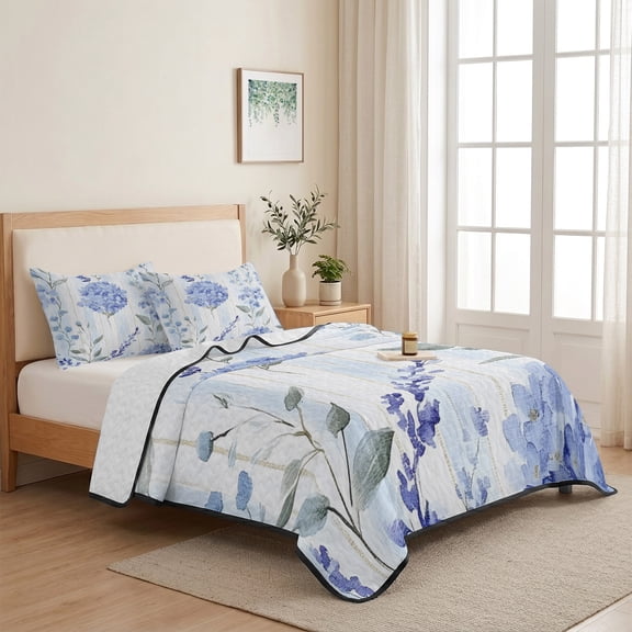 Purple Hydrangea Twin XL Size Quilt Set Lightweight Bedspread Coverlet Set, Watercolor Flower Floral Country Blue Stripes Quilted Bedding Cover with 2 Pillow Shams for All Season Layering 68"x98"