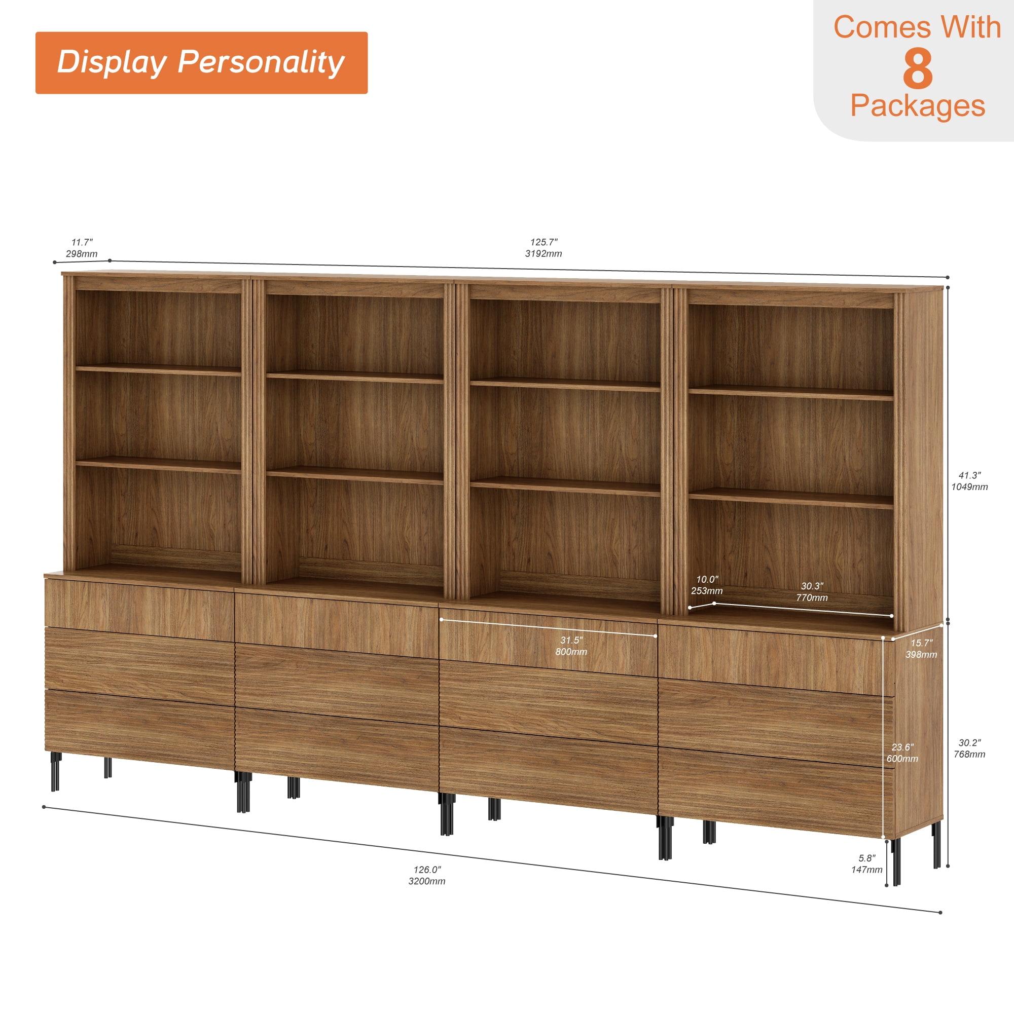 71.6"H X 126"W Set Of 4 Bookcase with Storage Cabinets, 12 Tier Bookshelf with Fluted Drawers and Adjustable Shelves, Large Modern Display Cabinet For Living Room Bedroom Home Office Kitchen