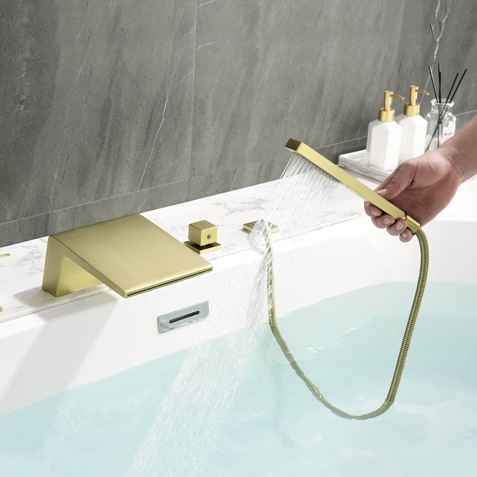 Cobbe Single Handle Bathroom Bathtub Shower Faucet Set with Handheld Sprayer and 5.91-Inch Wide Waterfall Bathtub Spout Brushed Gold