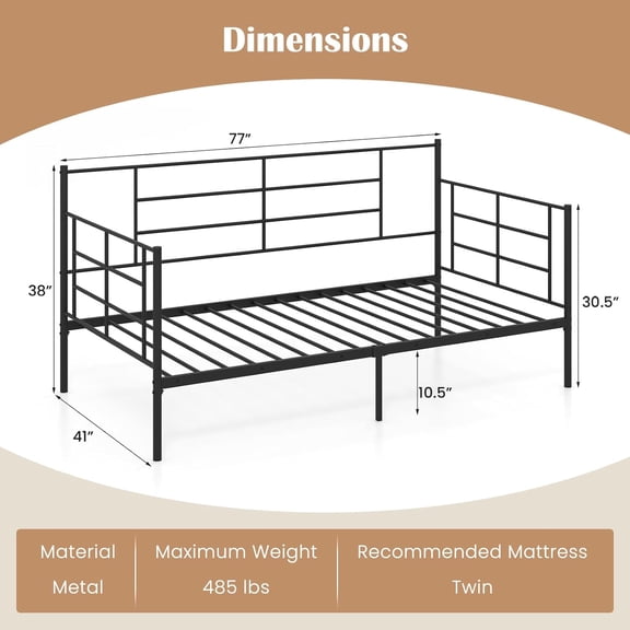 Twin Size Metal Daybed Frame, Heavy-Duty Steel Slats Support Sofa Bed, Multifunctional Platform Bed Mattress Foundation with Extra Support Leg, Day Bed for Living Room Guest Room (Black)
