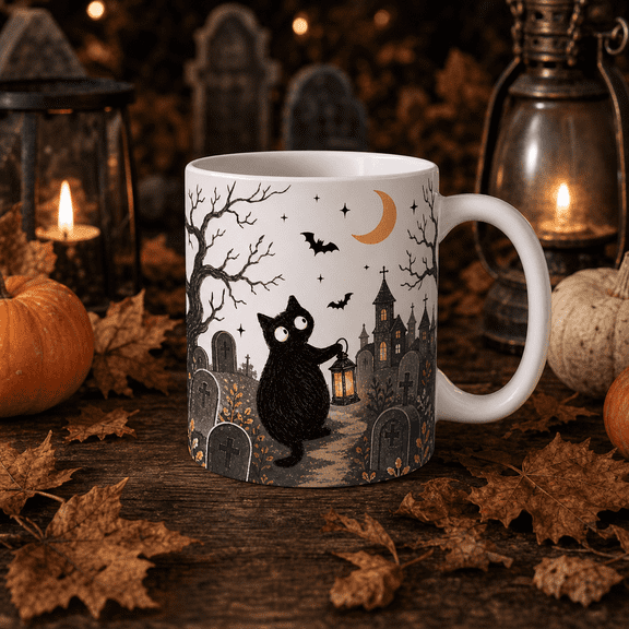 Halloween Coffee Mug Black Cat Haunted Graveyard Ceramic Drinkware for Halloween Lovers
