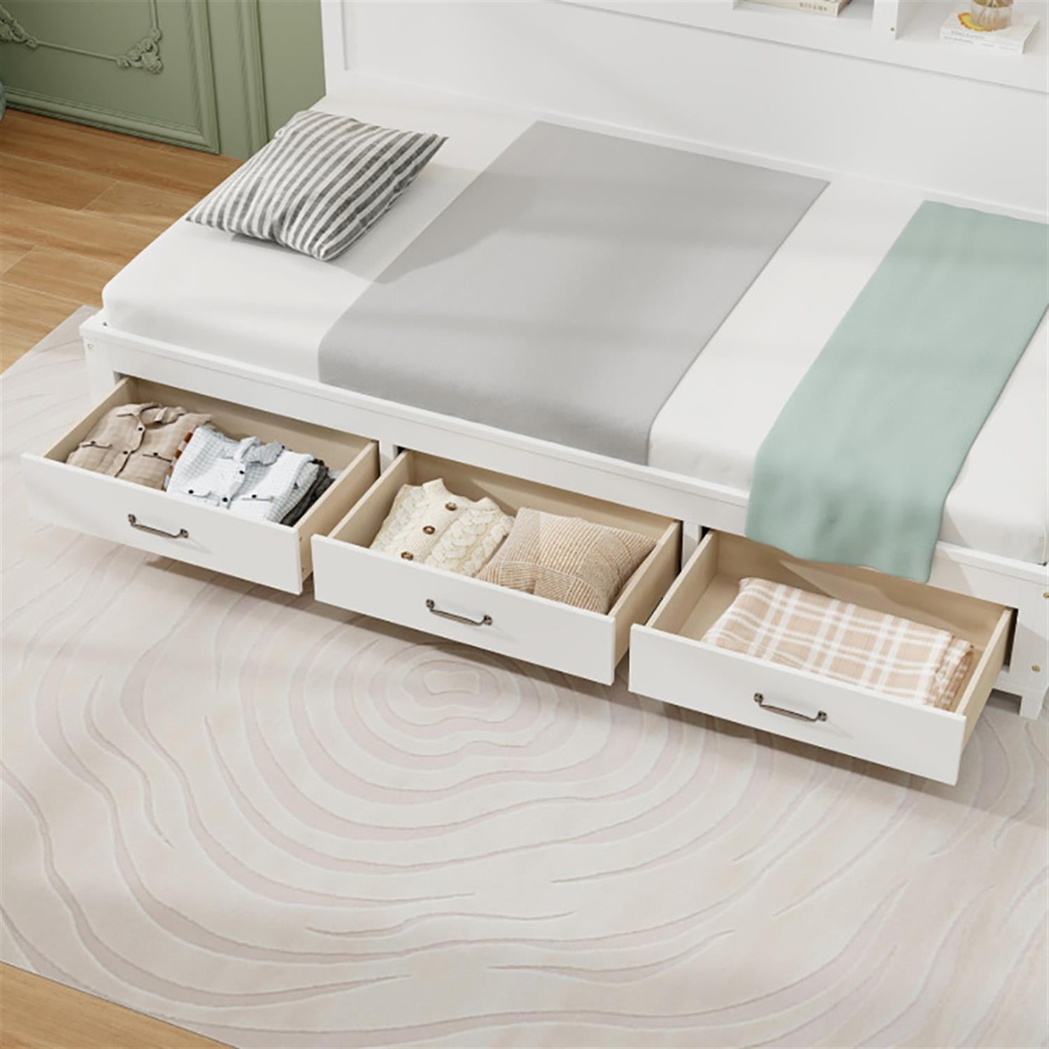 Demi Bonn Full Size Wooden Daybed with 3 Drawers with Storage Shelves, Modern Wooden Bed Frame for Teens, White