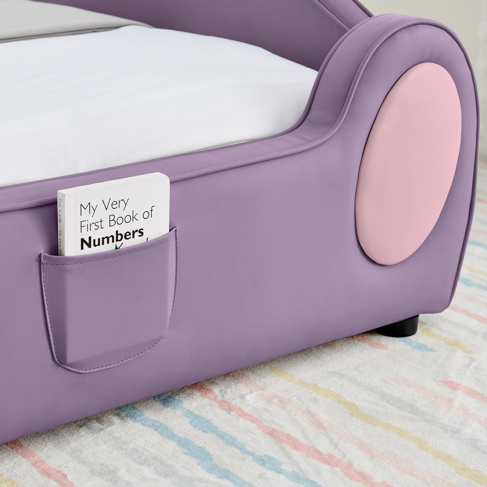 Twin Size Cute Cloud Kids Bed Frame with Guardrails, Upholstered Toddler Bed with Storage Pocket, PU Leather Platform Bed for Girls Bedroom, Purple Pink
