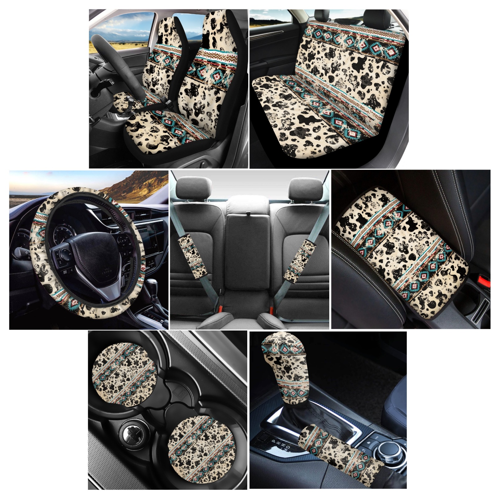 Renewold American Tribal Cow Print Retro Car Seat Covers Set for Men Women Comfy Soft Seat Protector with Steering Wheel Cover and Seat Belt Pad Armrest Pad Handbrake Cover Gear Shift Covers