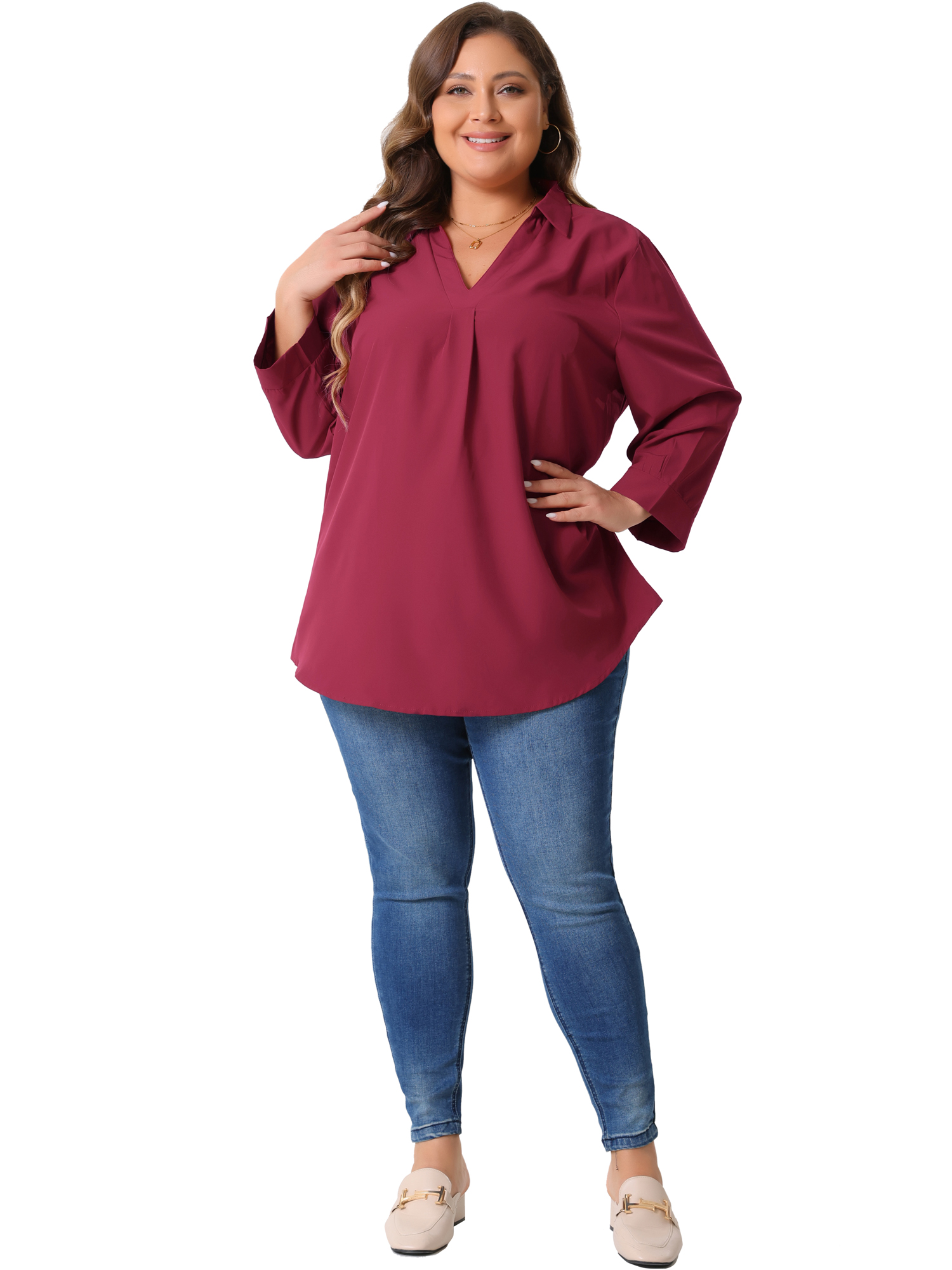 DARING DIVA Women's Plus V Neck Long Sleeve Flowy Blouse 2X Burgundy