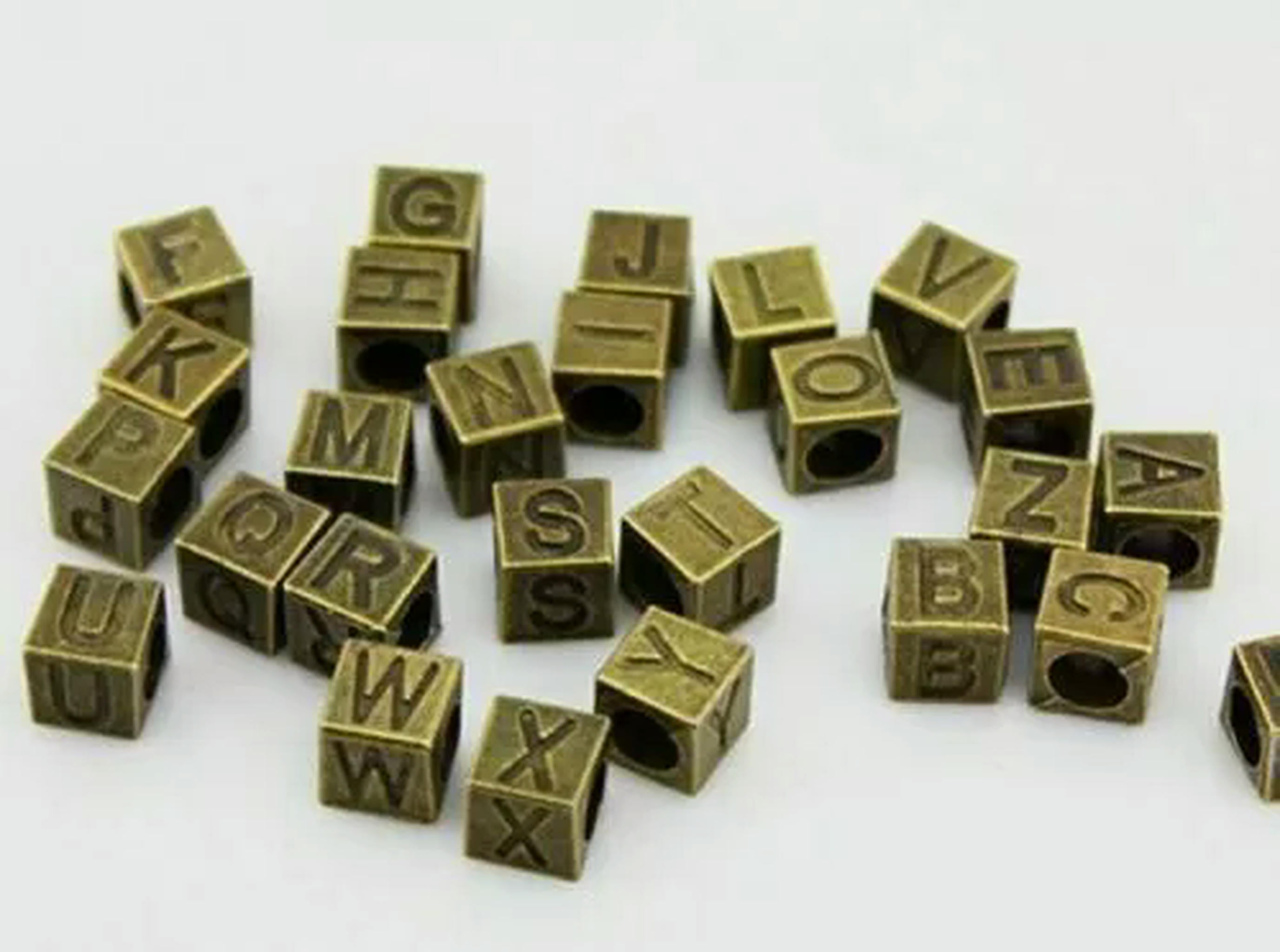 U8MO 130 Bronze Tone Alloy Alphabet Letter "A-Z" Cube European Charm Beads 7X7mm