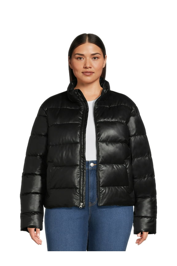 Plus Women's Short Faux Leather Puffer Jacket, Sizes XS-3X